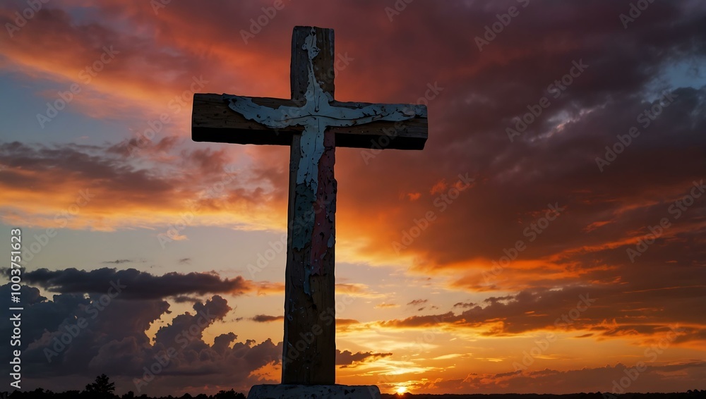 A beautiful cross illuminated by sunrise against a colorful sky. A beautiful cross illuminated by sunrise against a colorful sky.