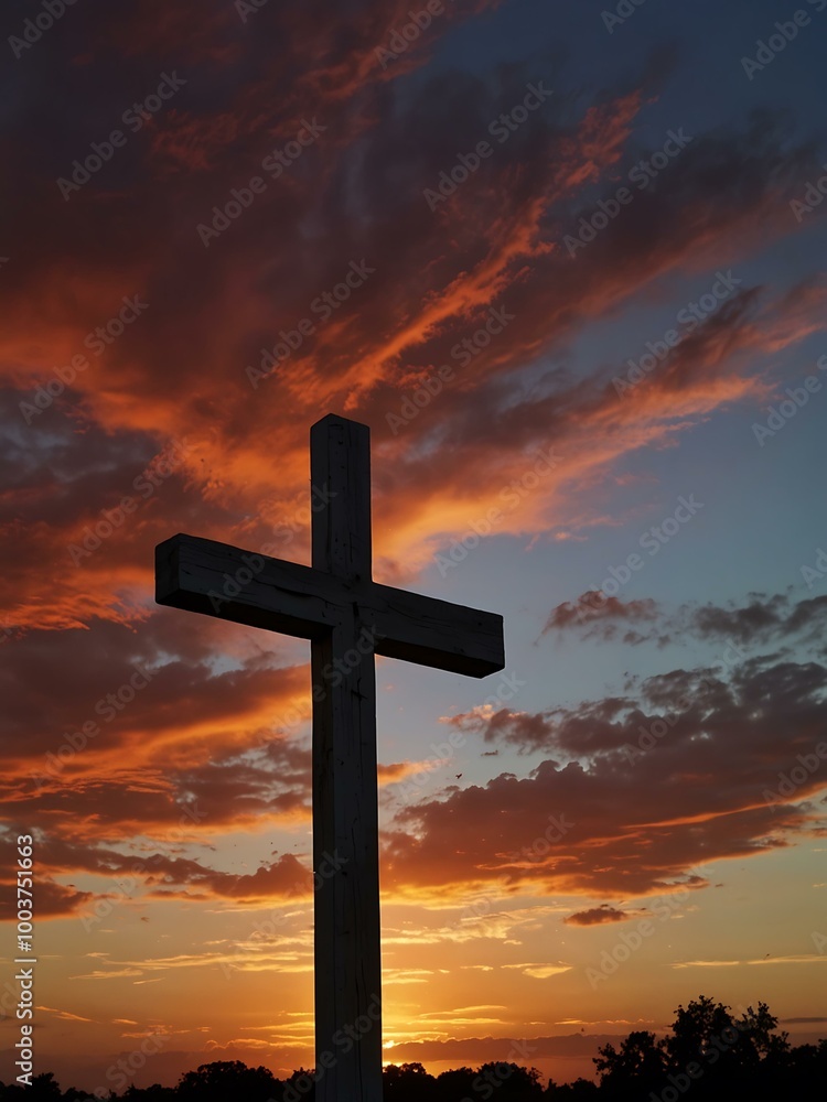 A beautiful cross is illuminated by sunrise against a colorful sky. A beautiful cross is illuminated by sunrise against a colorful sky.