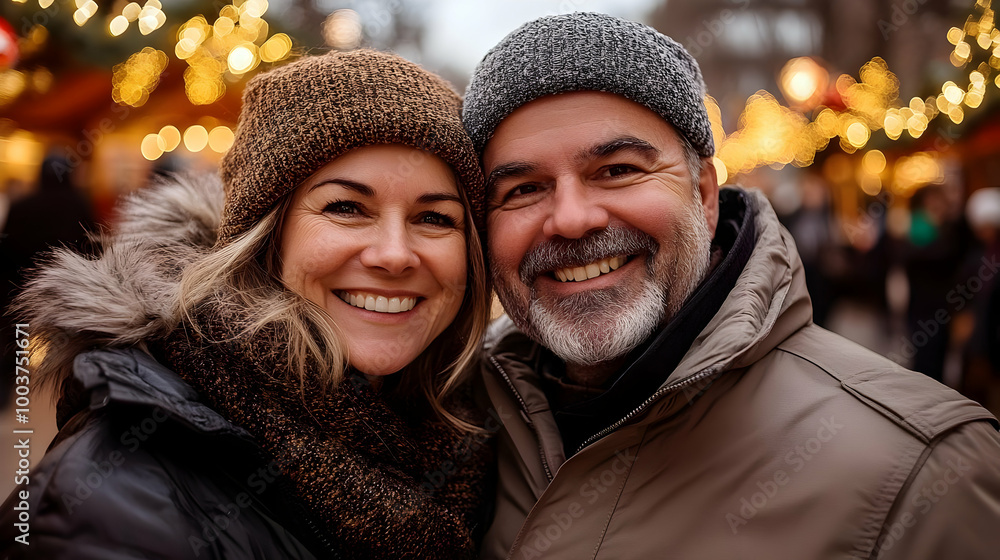Couple Smiles in Winter Wonderland with Twinkling Lights Couple Smiles in Winter Wonderland with Twinkling Lights