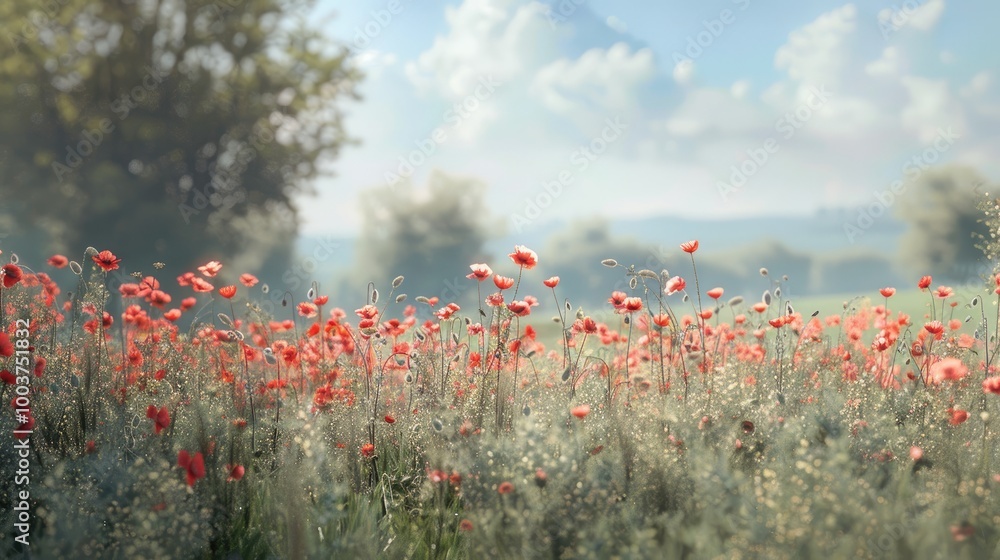 Obraz premium A field of red poppies on a sunny day in summer with flowers bursting and blooming against a blurred rural meadow and details in the foreground