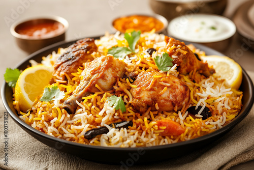 Flavorful chicken biryani with fresh lemon wedge