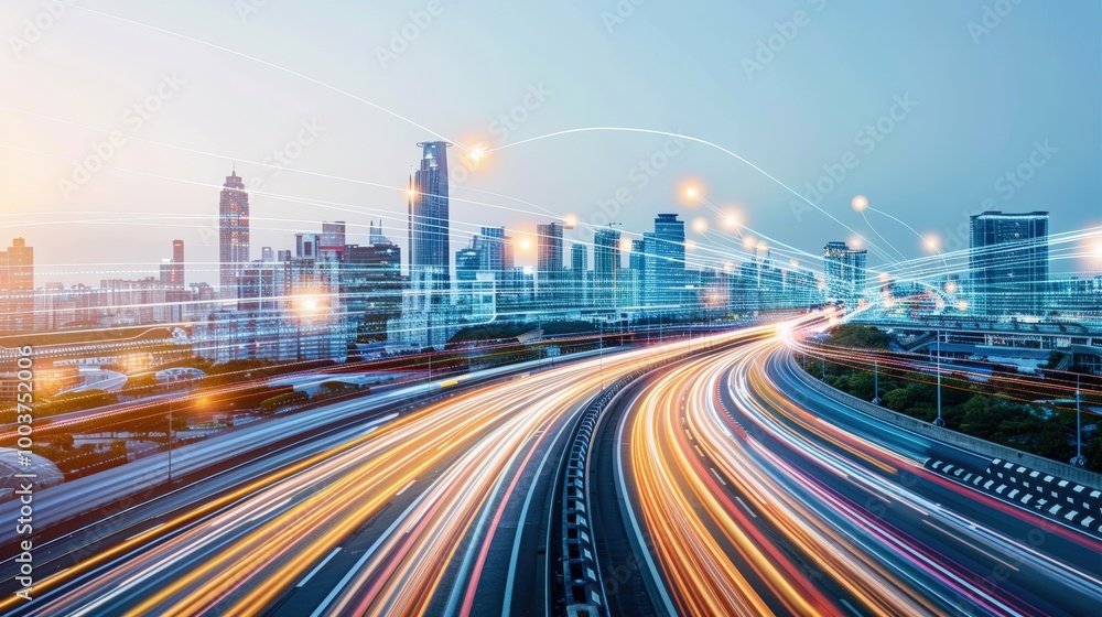 Fototapeta premium Urban Cityscape with Light Trails at Dusk