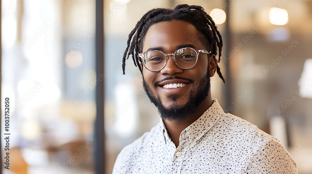 Smiling man with dreadlocks wearing glasses and patterned shirt Smiling man with dreadlocks wearing glasses and patterned shirt