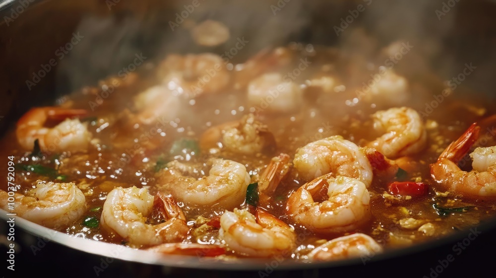 Shrimp in a Spicy Sauce with Steaming Hot Aromas Shrimp in a Spicy Sauce with Steaming Hot Aromas