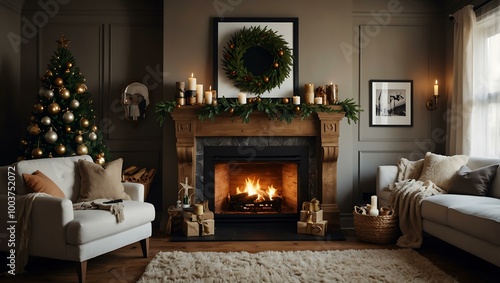 A beautifully decorated Christmas interior with a warm fireplace and festive vibe.