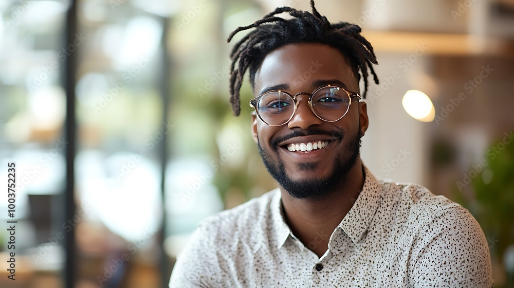 Happy man with dreadlocks and glasses in modern office Happy man with dreadlocks and glasses in modern office