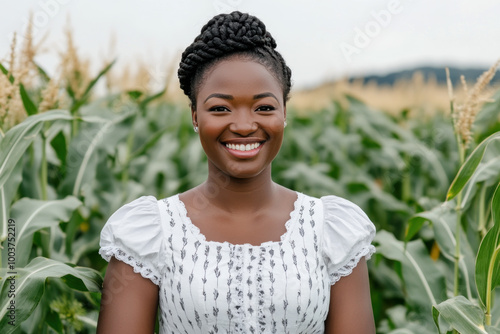 Afro woman wearing traditional dirndl dress standing in field