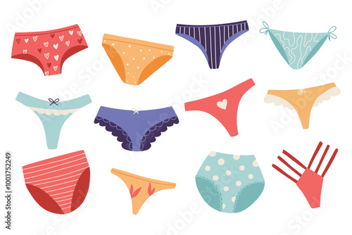 Set of women panties in flat style. Collection of women underwear in hand-drawn style. Vector illustration isolated on white background.