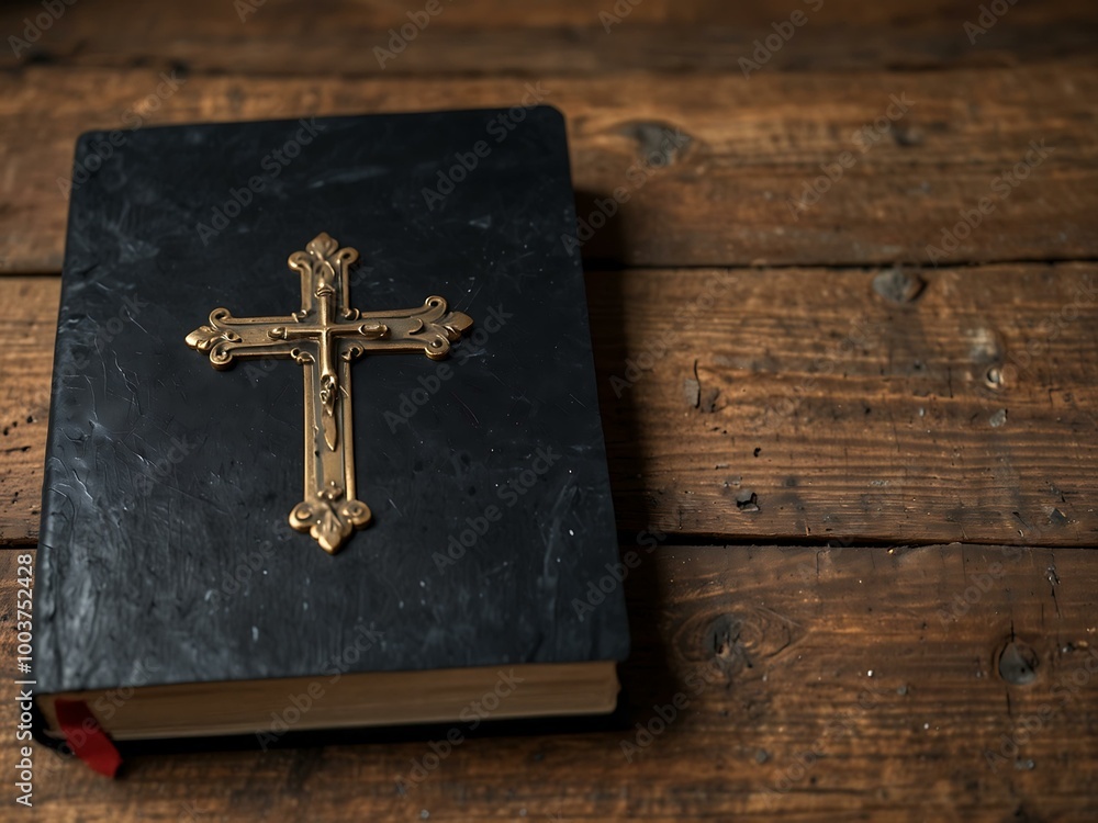 A black book with a cross invites contemplation on a rustic wooden backdrop. A black book with a cross invites contemplation on a rustic wooden backdrop.