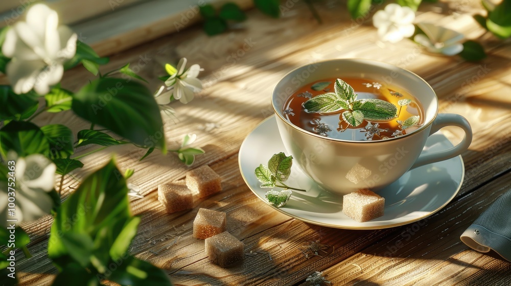 Cup of herbal tea with brown tea sugar on a wooden surface Cup of herbal tea with brown tea sugar on a wooden surface