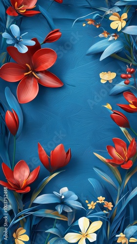  A blue background with red and yellow flowers on one side, and a blue background with yellow and red flowers on the other side