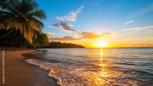 Scenic sunset over tranquil ocean, lush palm trees framed against colorful sky, serene beach atmosphere.