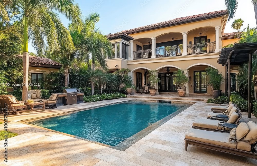 Fototapeta premium the backyard with an in-ground pool and large patio area of a beautiful home