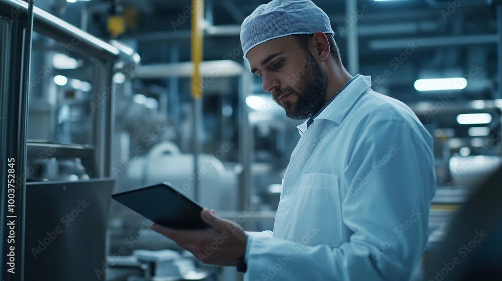 Fototapeta premium Scientist examining data on a tablet in a modern laboratory during the day