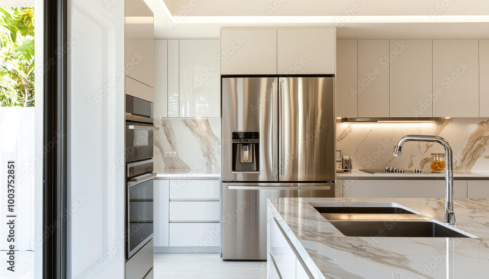 Fototapeta premium Modern kitchen featuring stainless steel appliances and sleek cabinetry, designed for functionality and style.