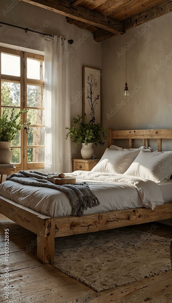 A bright bedroom features a large wooden bed and rustic decor in a Provence style. A bright bedroom features a large wooden bed and rustic decor in a Provence style.