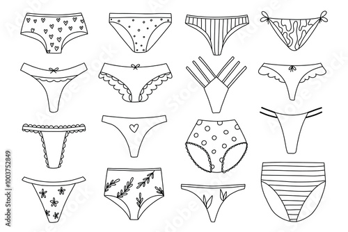 Set of women panties in doodle style. Collection of women underwear in linear style. Vector illustration.