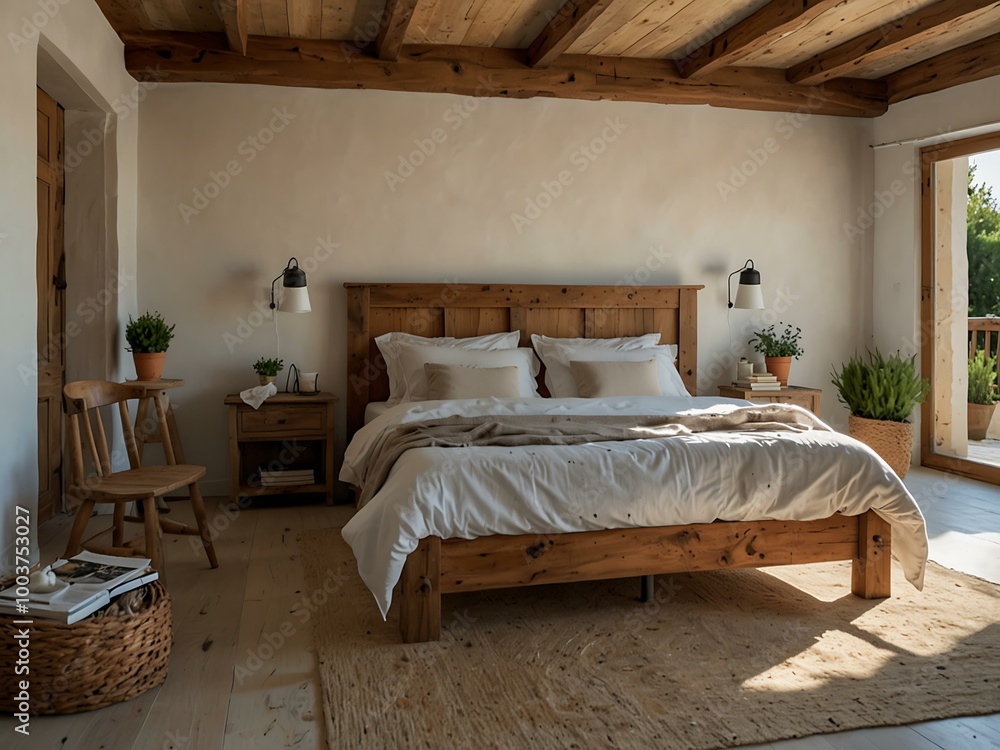 A bright bedroom features a large wooden bed in rustic Provence style, with ample light and charming decor. A bright bedroom features a large wooden bed in rustic Provence style, with ample light and charming decor.