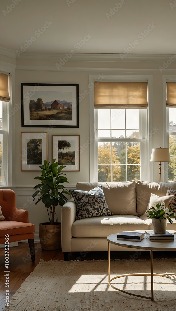 A bright living room features light walls and a cozy sofa, bathed in daylight. A bright living room features light walls and a cozy sofa, bathed in daylight.