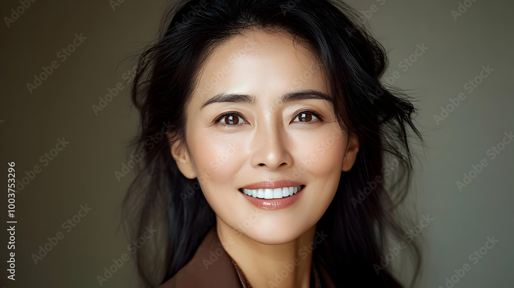 Smiling Woman with Long Black Hair and Brown Eyes Smiling Woman with Long Black Hair and Brown Eyes