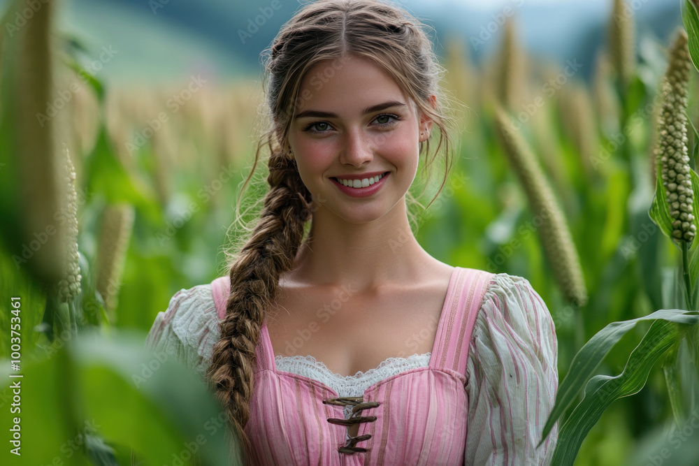 Germany woman wearing traditional dirndl dress standing in field Germany woman wearing traditional dirndl dress standing in field