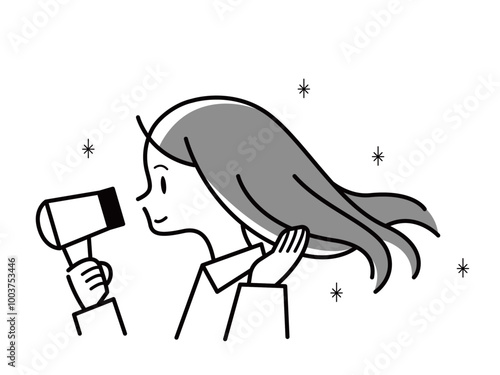 ドライヤーで髪を乾かす若い女性のモノクロイラスト