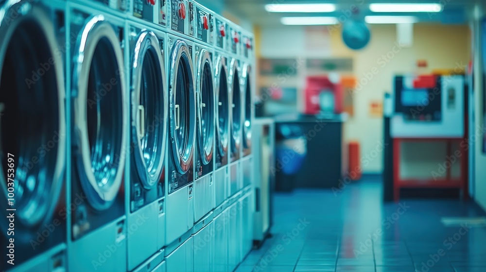 A row of washing machines in a laundromat, showcasing a clean, modern interior. A row of washing machines in a laundromat, showcasing a clean, modern interior.