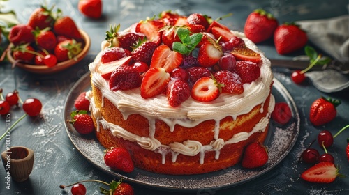 Hot and delicious strawberry cake with fresh fruits Homemade sponge cake Top view photo