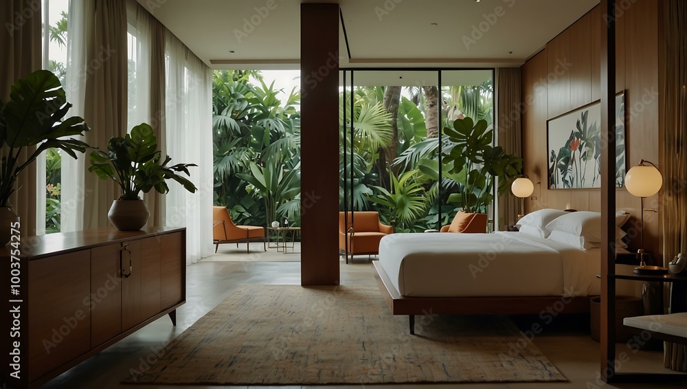 A camera glides into a luxurious hotel suite, revealing a minimalist bedroom design with a tropical garden view. A camera glides into a luxurious hotel suite, revealing a minimalist bedroom design with a tropical garden view.