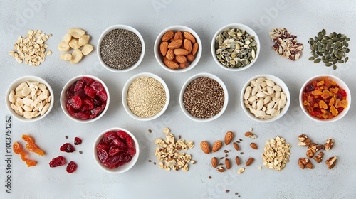 Assorted Nuts, Seeds and Berries on Textured Background - Healthy Eating Concept.