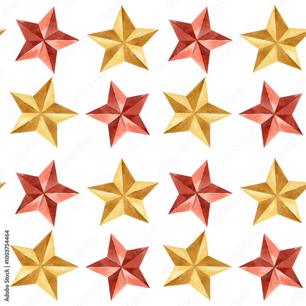 Seamless pattern of red and gold watercolor star isolated on white background. Festive symbol, traditional decorative element. Watercolor hand drawn illustration. Static flat pattern. Seamless pattern of red and gold watercolor star isolated on white background. Festive symbol, traditional decorative element. Watercolor hand drawn illustration. Static flat pattern.