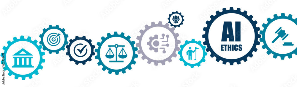 AI Ethics or AI Law banner vector illustration with the icon of development of AI ethics code, compliance, regulation, standard, business policy, responsibility, machine learning algorithm AI Ethics or AI Law banner vector illustration with the icon of development of AI ethics code, compliance, regulation, standard, business policy, responsibility, machine learning algorithm