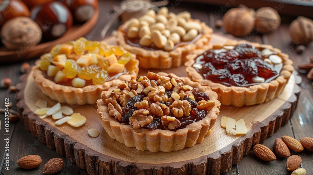wheat dough tartlet with nuts and dried fruits in cream caramel wheat tartlet with sweet filling crispy tartlet with hazelnuts peanuts and other ingredients wheat dough tartlet with nuts and dried fruits in cream caramel wheat tartlet with sweet filling crispy tartlet with hazelnuts peanuts and other ingredients