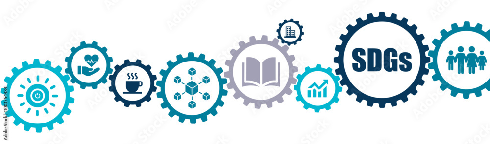 Sustainable development Goals SDGs banner vector illustration with the icon of sustainable development & future, cooperation, blueprint, achievement, quality education, innovation, infrastructure Sustainable development Goals SDGs banner vector illustration with the icon of sustainable development & future, cooperation, blueprint, achievement, quality education, innovation, infrastructure