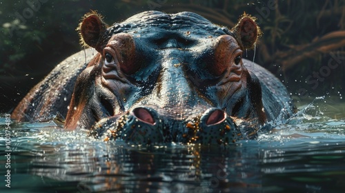 A close up of a Hippopotamus submerged with it s Head partially above Water swims disturbing the surface photo