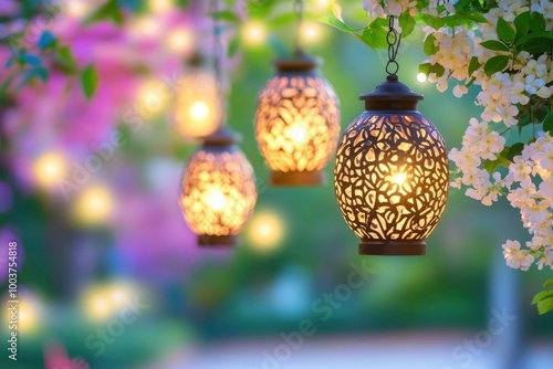 Lanterns hanging from a tree, one of which is lit. The scene is set in a garden with a blue sky and green leaves