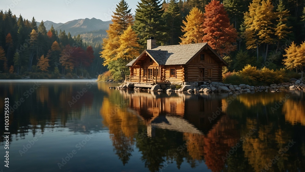 A charming log cabin sits by a lake, reflecting autumn hues in calm waters, creating a peaceful retreat. A charming log cabin sits by a lake, reflecting autumn hues in calm waters, creating a peaceful retreat.