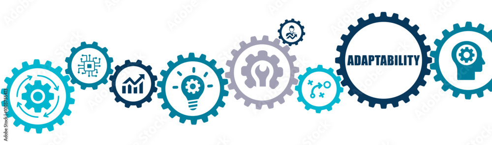 Adaptability in business banner vector illustration with the icon of digital skills, innovation, flexibility, complexity, problem solving, growth. Adaptability in business banner vector illustration with the icon of digital skills, innovation, flexibility, complexity, problem solving, growth.