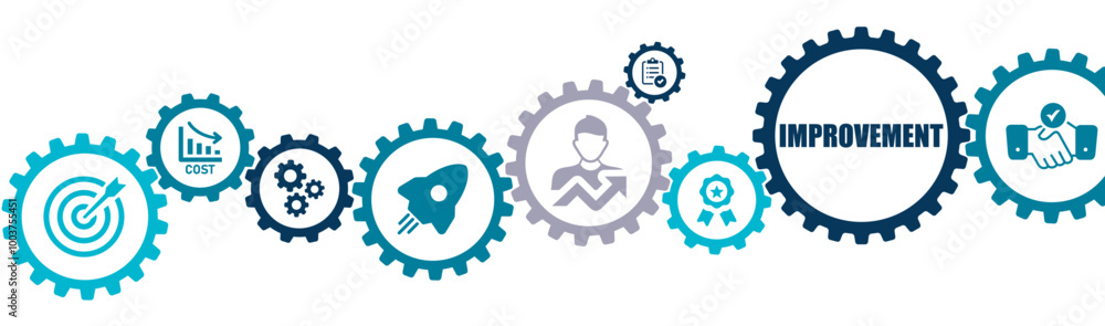 Business Improvement process banner vector illustration with the icon of enhancing efficiency, effectiveness, company operation, continuous improvement, implement, changes, monitoring, evaluate result Business Improvement process banner vector illustration with the icon of enhancing efficiency, effectiveness, company operation, continuous improvement, implement, changes, monitoring, evaluate result
