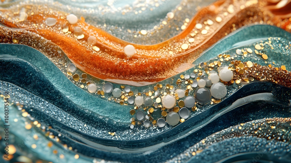Obraz premium Dynamic mosaic of sea glass and shells, arranged like tidal waves, with bright coral and gold highlights, 3D rendering, Textured details, Futuristic ocean atmosphere