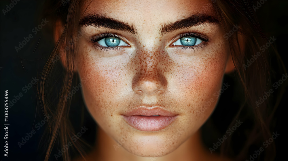Close-up Portrait of a Woman with Freckles and Blue Eyes