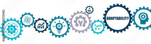 Adaptability in business banner vector illustration with the icon of digital skills, innovation, flexibility, complexity, problem solving, growth.