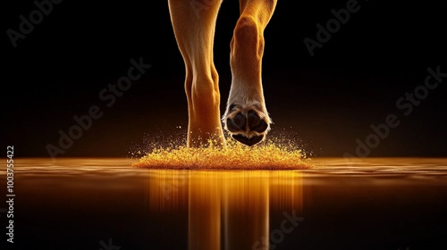 Fiery Determination: A close-up shot of a majestic lion's paws stepping on a glowing surface, leaving a trail of sparks in its wake. This powerful image evokes themes of courage, strength.