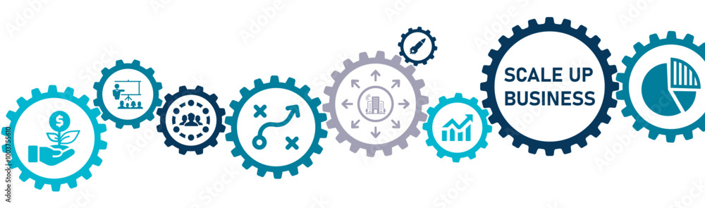 Scaleup Business banner vector illustration with the icon of leveraging technology, development, efficient process, expanding customer, building infrastructure, competitive advantage, improving market Scaleup Business banner vector illustration with the icon of leveraging technology, development, efficient process, expanding customer, building infrastructure, competitive advantage, improving market