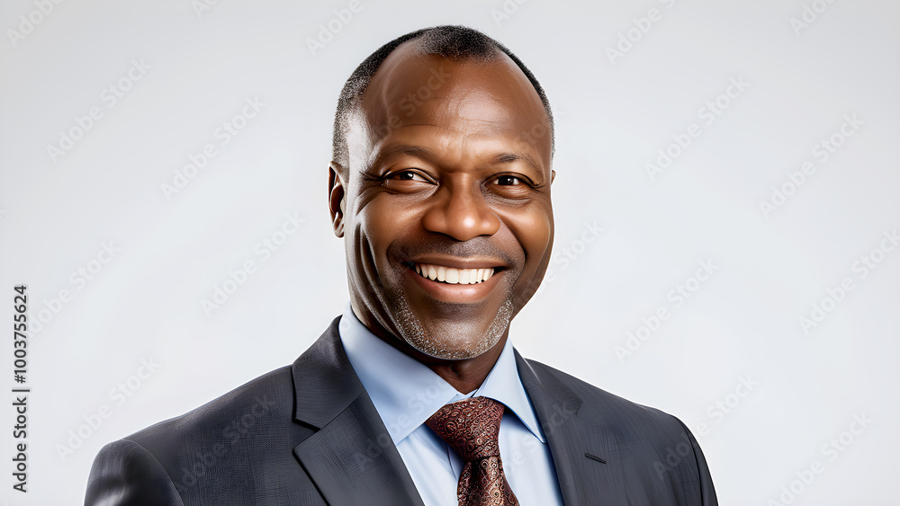 Middle age of african businessman wearing suit posed front face smiling with confidently visual against grey background Middle age of african businessman wearing suit posed front face smiling with confidently visual against grey background