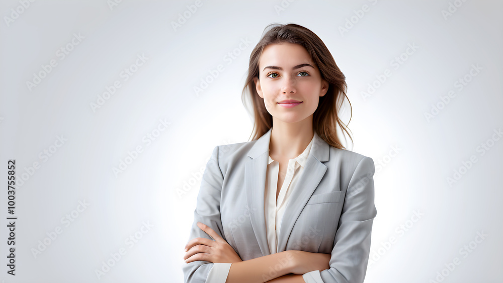 Portrait of Young age smile in mildly manner businesswoman wearing light grey suit with white shirt posed arms crosses confidently visual against white background Portrait of Young age smile in mildly manner businesswoman wearing light grey suit with white shirt posed arms crosses confidently visual against white background