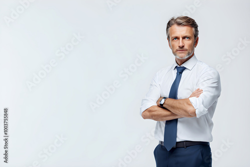 Middle age of european businessman wearing white shirt with navy blue necktie posed arms crosses confidently visual against white background