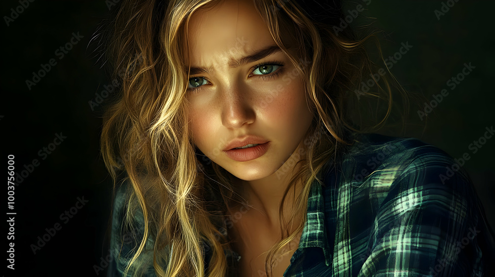 Close-up Portrait of Woman with Long Blonde Hair in Plaid Shirt Close-up Portrait of Woman with Long Blonde Hair in Plaid Shirt