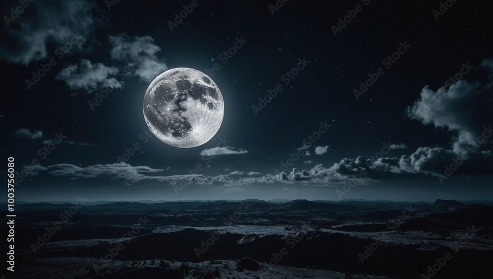 Fototapeta premium Night scene with waxing crescent moon over mountainous landscape with clouds