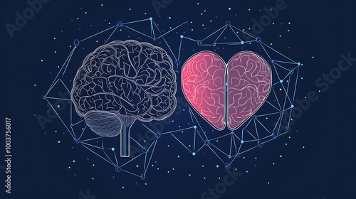 vector graphic of two connected hearts and brains symbolizing the connection between love and intelligence in brain health photo